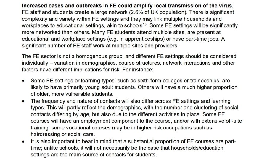 14/ More detail on how FE can amplify local transmission.Recognises the wide variety of FE students and courses. Those on part time courses can be transferring infections to and from other settings.