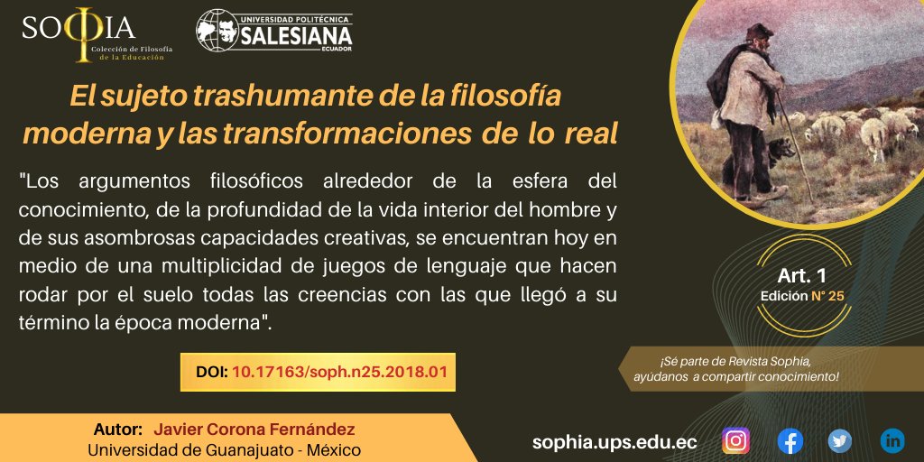 revista_sophia's tweet photo. Este #artículo explora el #paradigma moderno de sujeto como actor #autoconsciente y creativo que enfrenta la #construcción de la #historia personal y sobrelleva en paralelo varias vidas y entornos. #Conoce más sobre esta #investigación en: https://t.co/x7Qg3WDjH8 https://t.co/7ODevdqYgN