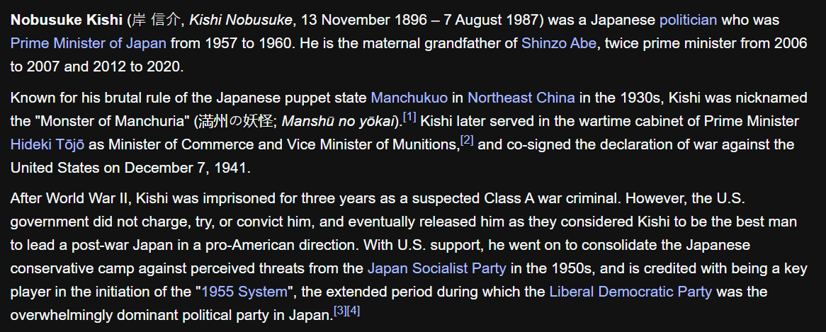 Fun fact about Harry Harris: Shinzo Abe once flattered Harris by telling him that Harris reminded Abe-san of his grandfather. Yes, *that* grandfather. The literal colonial governor, war criminal, mass rapist, and equivalent of Albert Scheer in Imperial Japan.17/n @CarlZha