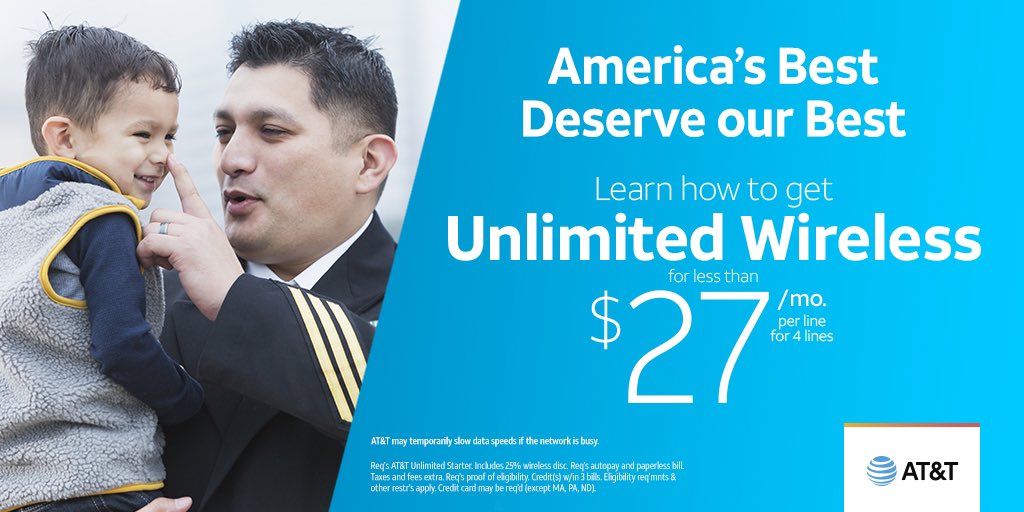 We are proud to offer exclusive savings for Military families! 
Visit Waterfront to learn how to get our best price on unlimited plans starting from less than $27/mo. per line with 4 lines! 
go.att.com/military #ATTEmployee