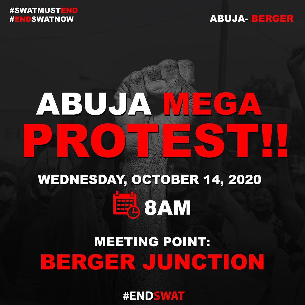 toluszen's tweet photo. WE GO AGAIN TOMORROW
 !!!!!!!

8am:Berger under bridge

 #EndSARS #EndSWAT #EndPoliceBrutalityinNigeria #ENDSARSOPPRESSION #AbujaProtests 

Please repost, retweet, reshare and use the hashtag #AbujaProtest 

Cc @nvthyy @I_Am_Ilemona @FakhuusHashim https://t.co/ppLKYA4tZX