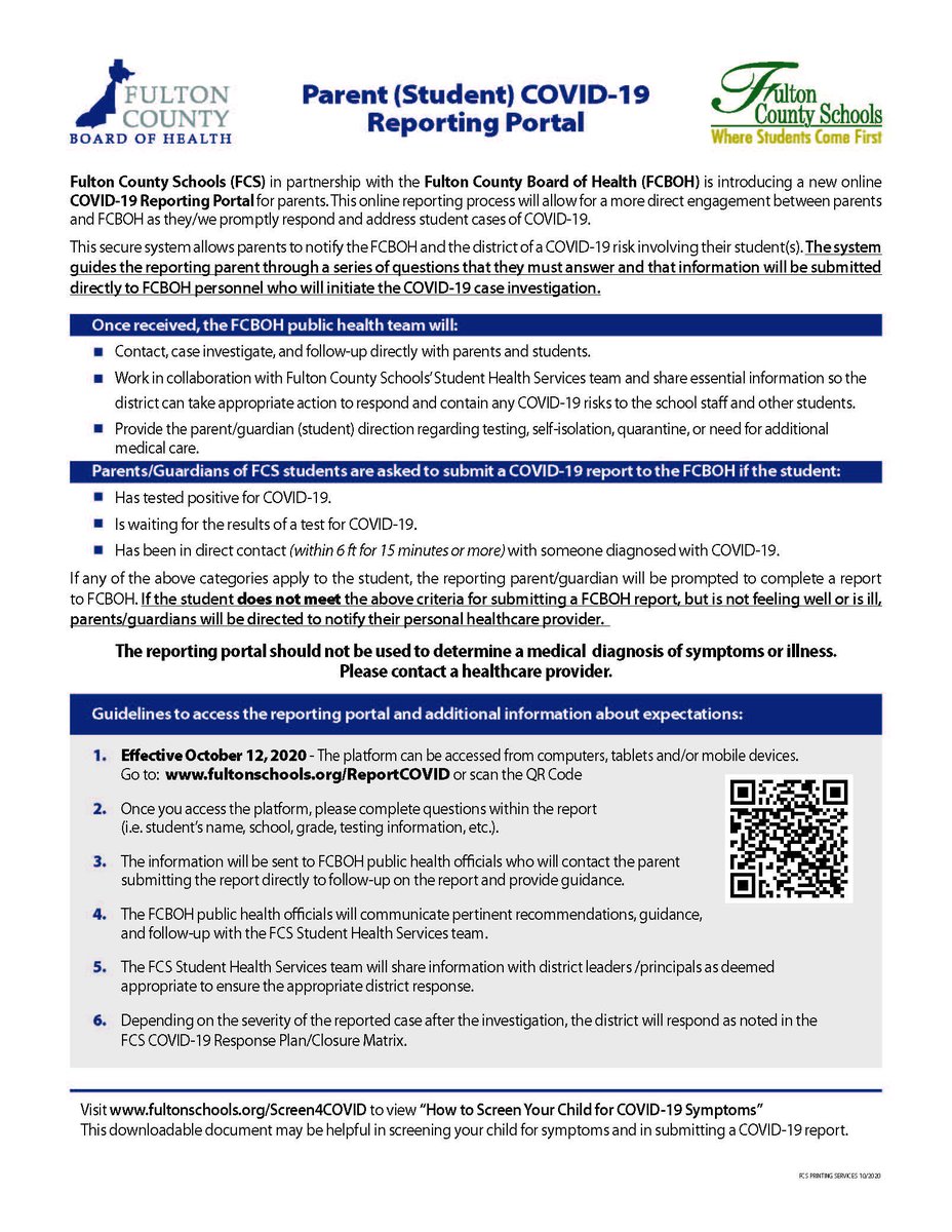Parents: if your child has tested positive for COVID-19, awaiting results of a C-19 test or been in direct contact (6’ for 15+ min) w/ someone diagnosed w/ C-19, pls submit a report to Fulton Co. Bd. of Health at fultonschools.org/ReportCOVID This link is also on each school webpage.