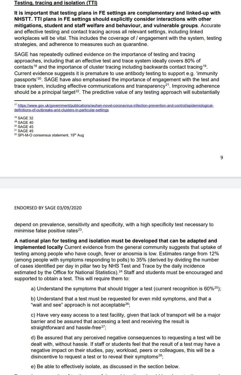 17/ Test and Trace is vital to all settings, mentioned how SAGE has repeatedly set out the evidence for this to goverment, reads with a sense of frustrationTest and trace is one of the government's greatest failures of the crisisShows 80%+ of contacts must be chased,its 60% atm