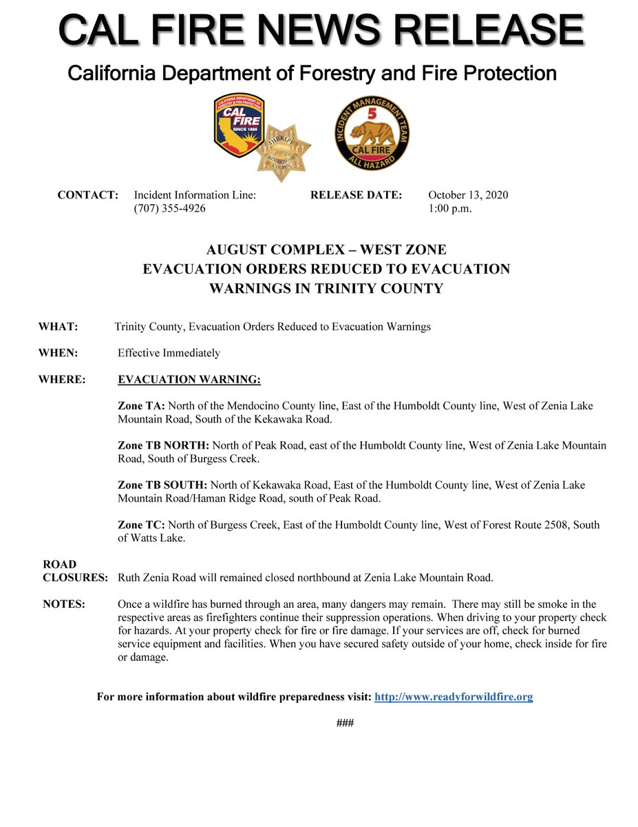 CAL_FIRE's tweet image. #AugustComplex | Evacuation Update