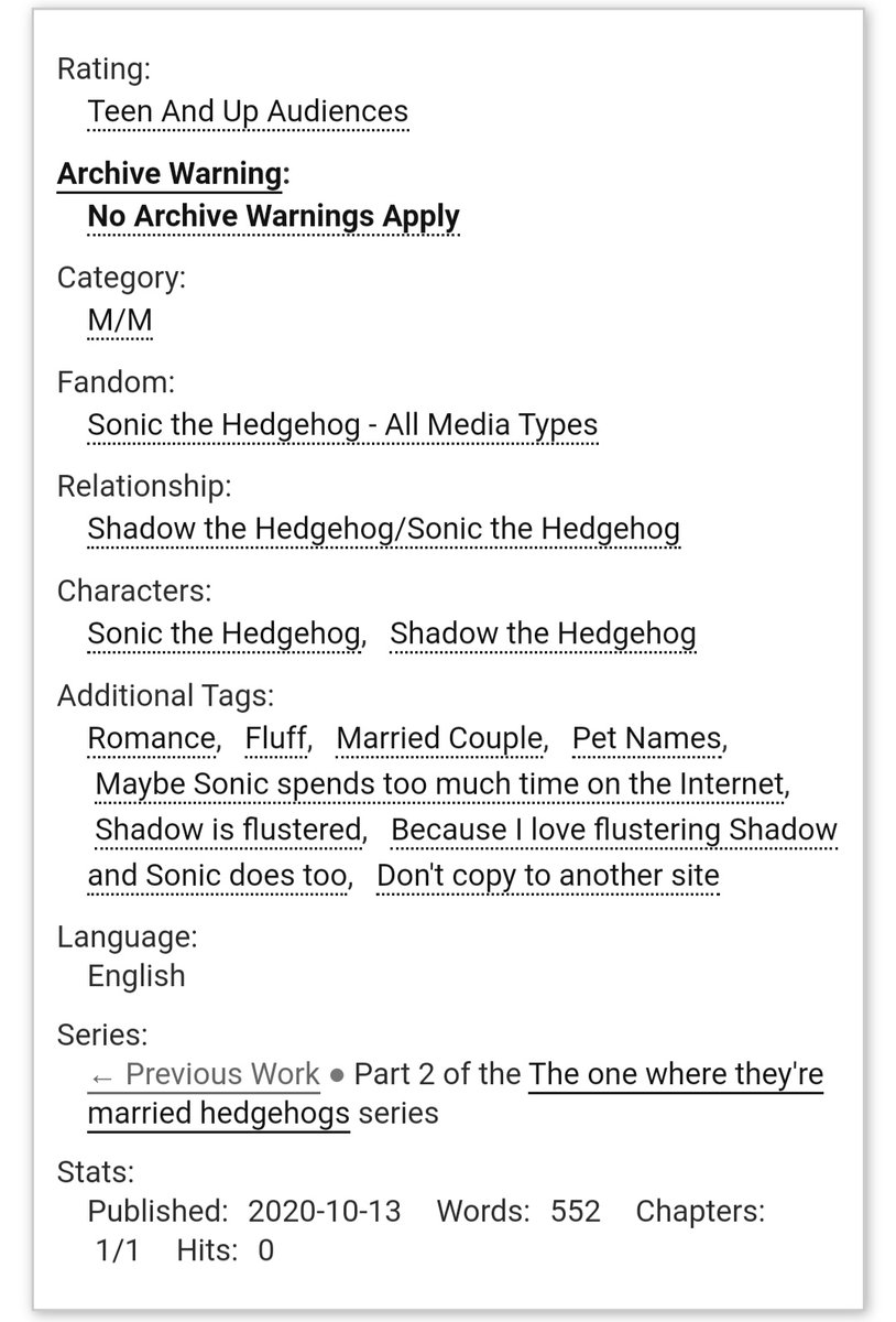 Alright, I'm quite proud of this #Sonadow fic! I'm thirsty for 'They are married' content, so I made some... Go give it a read if you need some gay hedgehog fluff in your life: archiveofourown.org/works/26995048