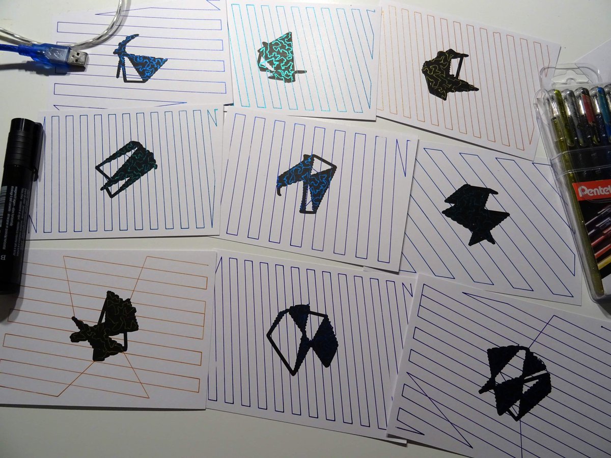 ThickPen's tweet photo. Hey #plottertwitter it's been a while! Want to exchange some postcards again? Here's my new batch "Corruption"!
(Also, special thanks to @ctrlshifti whose jokes gave me the necessary energy to plot those tricky ones!) https://t.co/N46zYa6bUa