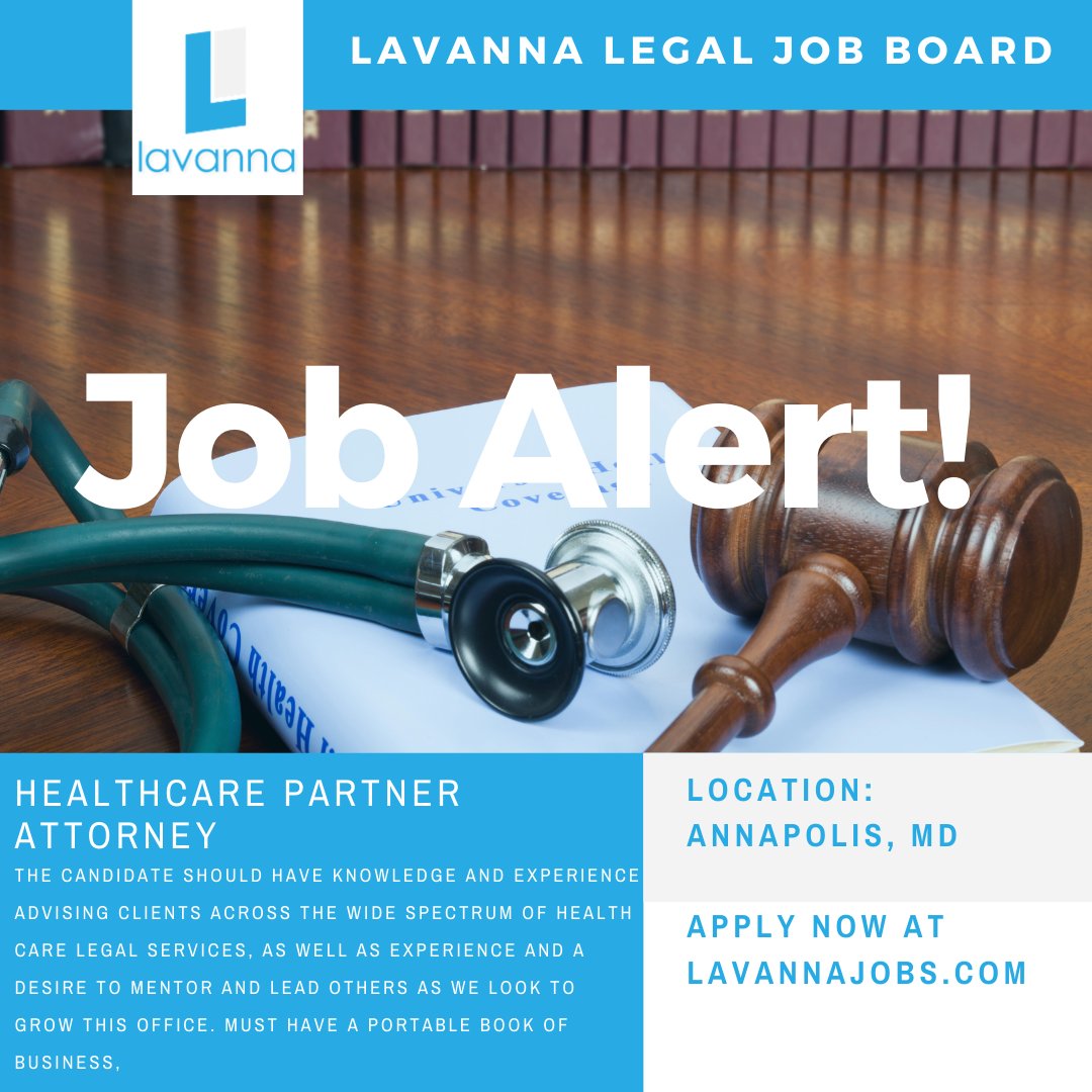 lavannajobs's tweet photo. #Job Alert! There's an opening for a #HealthcareAttorney, Partner-level at a #LawFirm in #Annapolis, #MD. Check it out and others at the Lavanna jobs website! #applynow #hiringnow

https://t.co/O4d7FoQDXN https://t.co/9WarSIHMZc