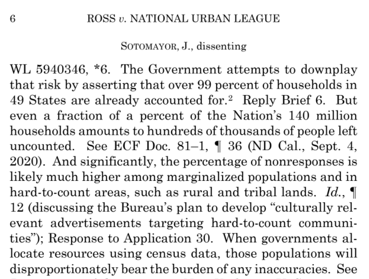 One possibly decisive q in the application is how far along the count is. Challengers said new numbers from the govt that they're above 99% are suspect; interesting that Justice Sotomayor does not question that figure but still finds it inadequate given undercount of minorities.