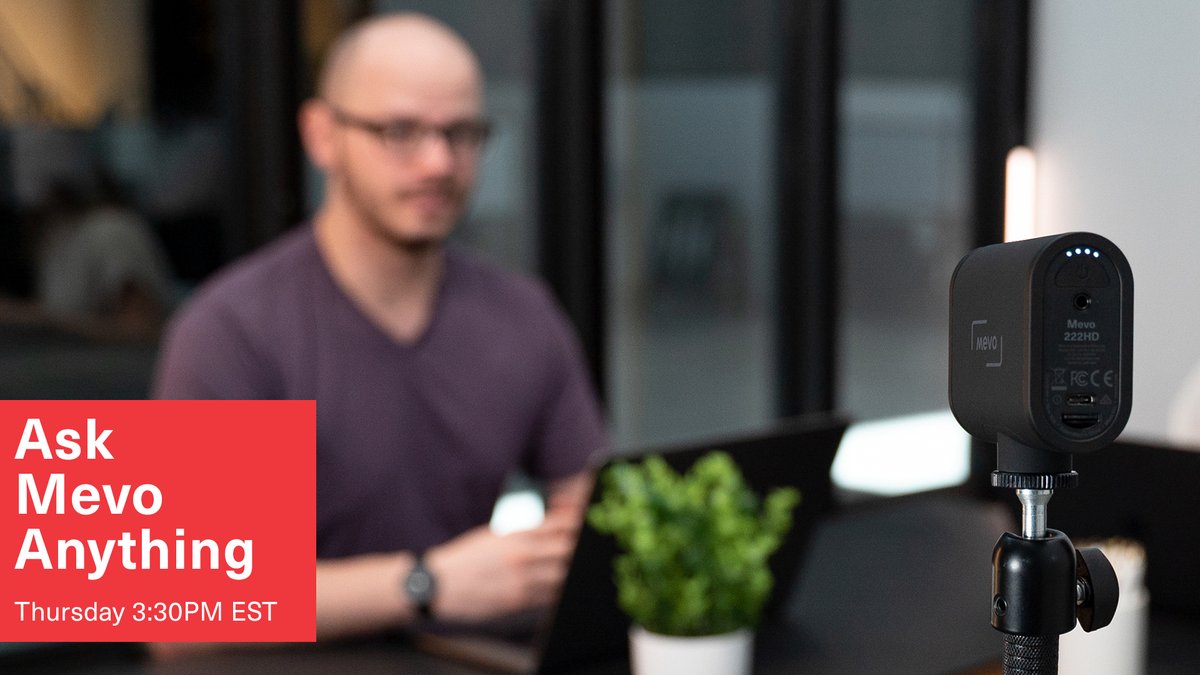 mevocamera's tweet photo. This week the #MevoCamera Support Team is going live with another Ask Mevo Anything. Reply with a question and watch us answer live this Thursday at 3:30PM EST / 12:30PM PST. https://t.co/udyRS9Pmjs