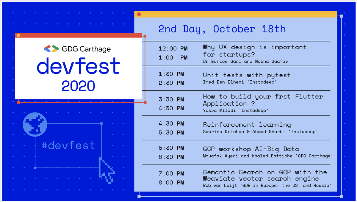 Here we go for the agenda of the next week! I 2 days of workshops, speaker sessions and hands-on GCP technology, UX Design Q&amp;A and more... 
What are you waiting for ? Join us next weekend,  the 17th and 18th of October, online!  Registration here : gdg.community.dev/e/mwkfzn/