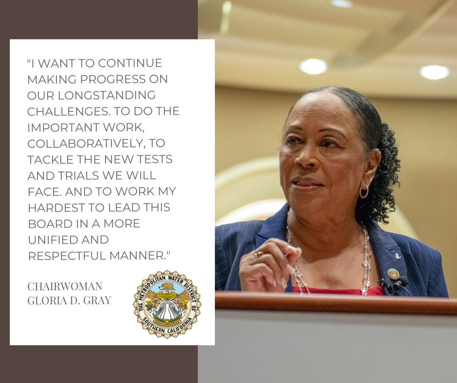 mwdh2o's tweet photo. Congratulations to Chairwoman Gloria Gray for her unanimous re-election as chair of the board for another two-year term. https://t.co/EyLhCh0bUg