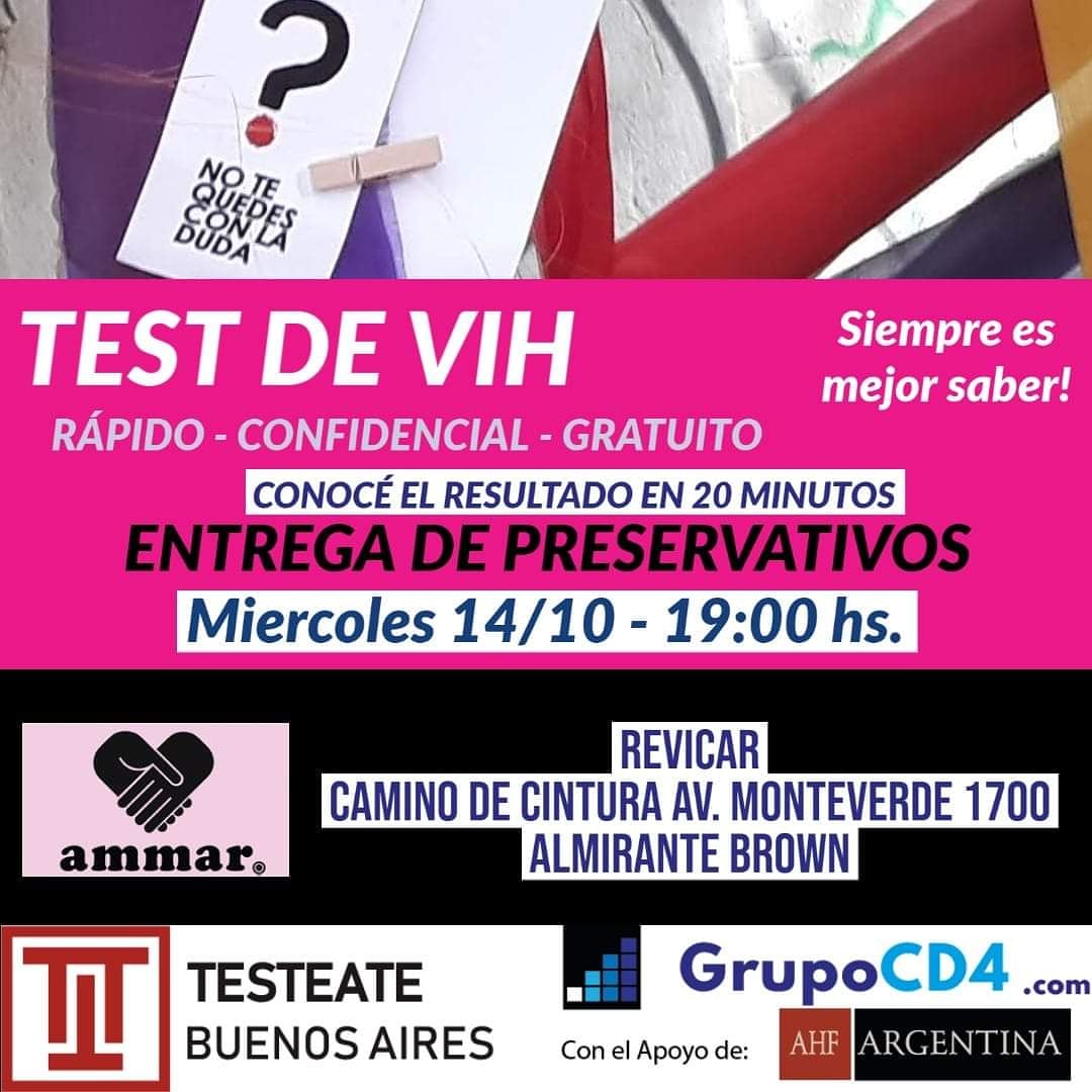 ammarsindicat's tweet photo. Siempre es mejor saber

Mañana miércoles 14 de octubre a las 19 h realizaremos jornada de prevención y testeo en Camino de Cintura, junto a lxs compañerxs de @testeateba @hivindetectable

Con el apoyo de @AHFargentina

Entregaremos preservativos https://t.co/XLjoxtw8XL