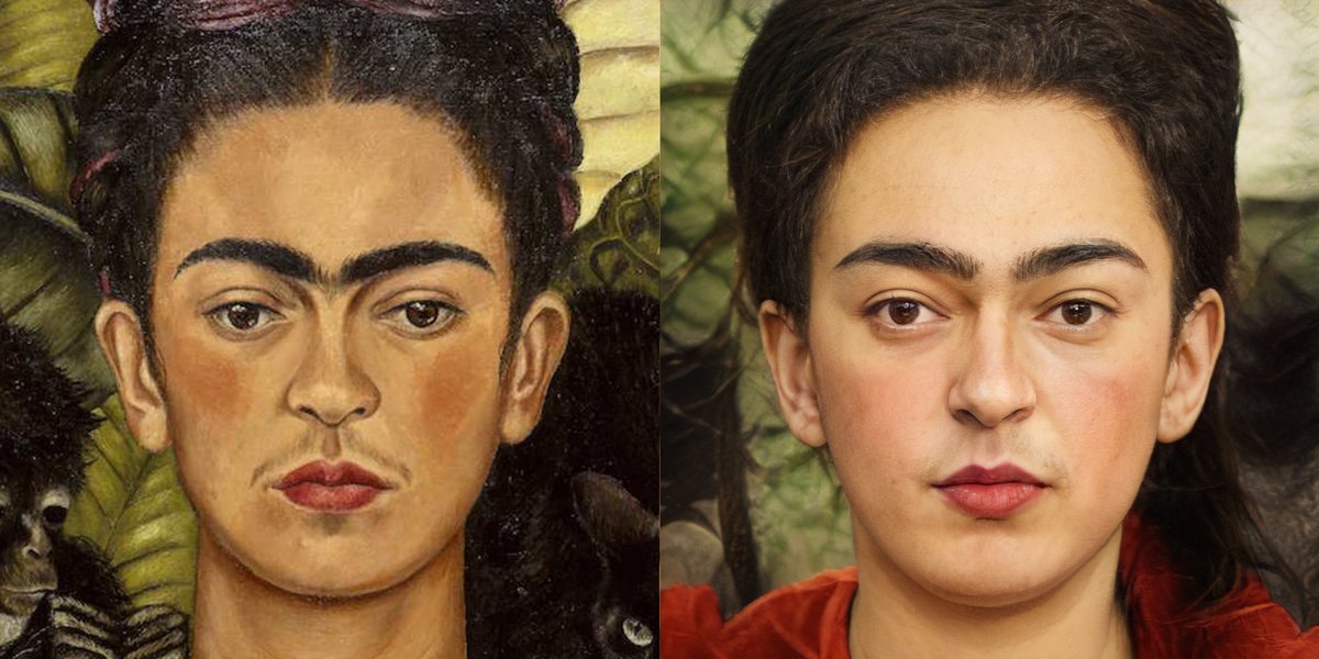 The  #pSp framework does a great job encoding paintings and sketches into FFHQ as well! Here's are the "real" versions of two images of Diego Rivera and one painting of Frida Kahlo.  @artistrivera  @artfridakahlo