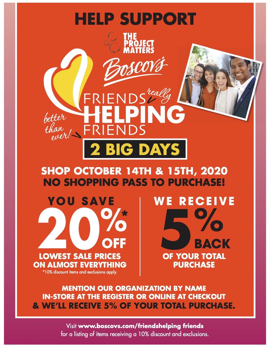 TPMNJ's tweet photo. Attention! Tomorrow &amp; Thursday, we’ll be participating in @Boscovs annual Friends Helping Friends retail event. Shoppers (both in store &amp; online) will receive 20% off their purchase and 5% will go to TPM when you mention us at checkout! 
https://t.co/Fbe1rq1pQO https://t.co/VCcwbXNbVA