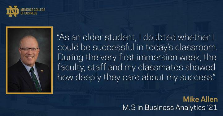 NDExecED's tweet image. Mike Allen, a 2021 candidate in the Master of Science in Business Analytics program, shares his perspective about returning to a classroom as a non-traditional student. 

Read more: ow.ly/42Rg50BRGgI
