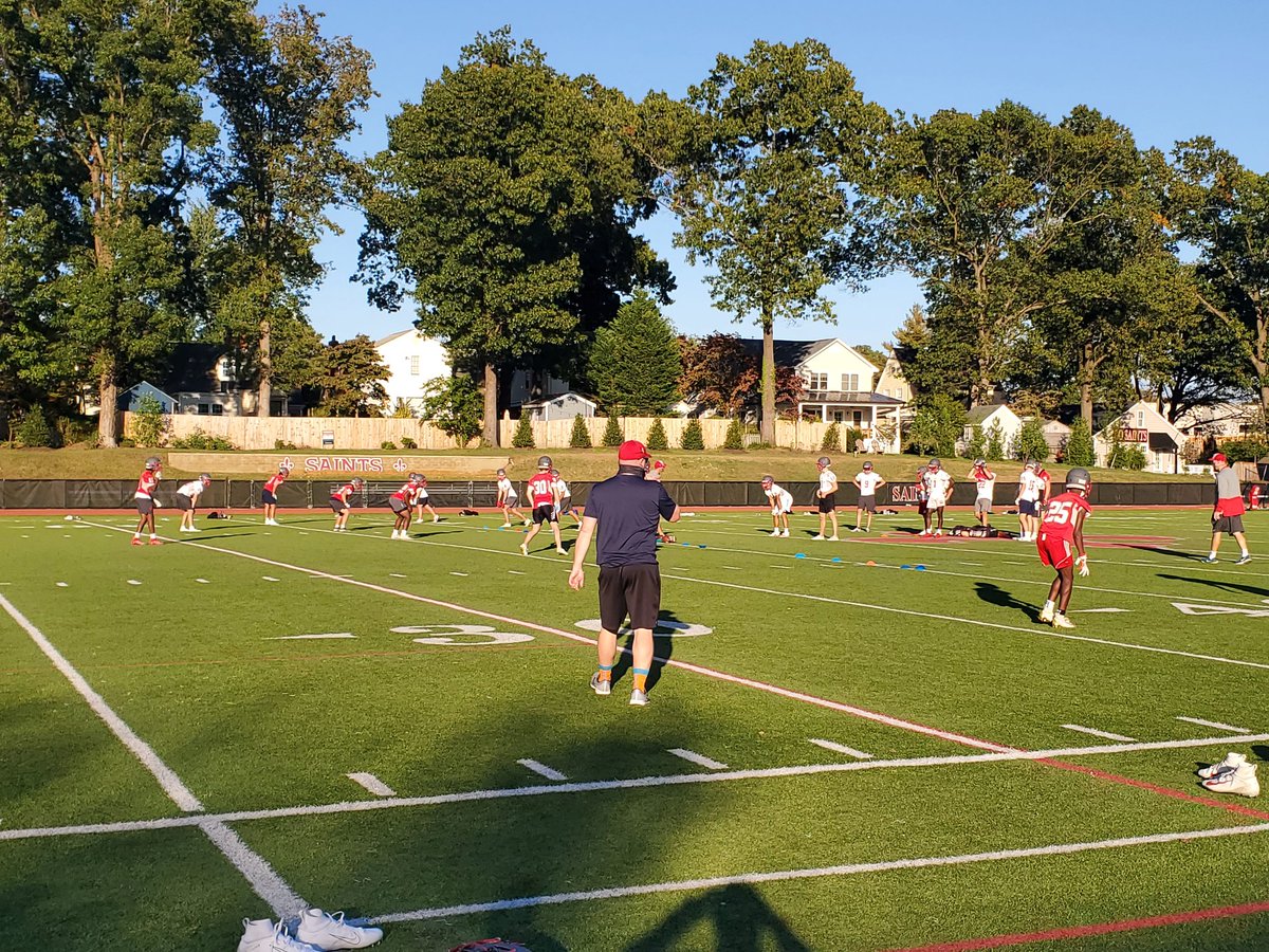 STCVAAthletics's tweet photo. Varsity football is practicing in helmets today! Each helmet has shields for the entire front of the facemask. 
#StCVAFB https://t.co/YqWSg5xGaN