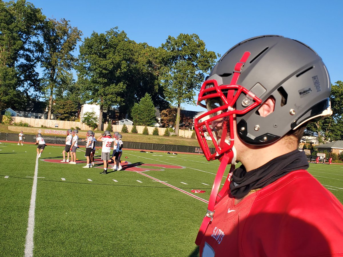 STCVAAthletics's tweet photo. Varsity football is practicing in helmets today! Each helmet has shields for the entire front of the facemask. 
#StCVAFB https://t.co/YqWSg5xGaN