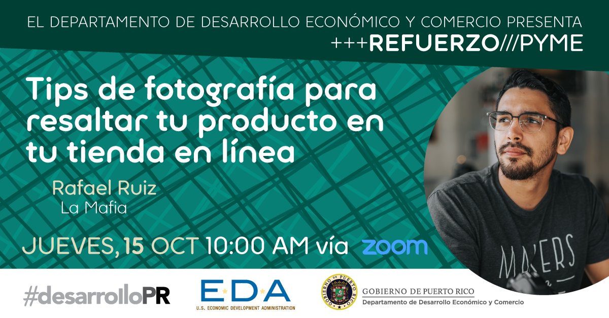 Aprende a tomar mejores fotos a tus productos en #RefuerzoPyme. Rafael Ruiz de <a href="/LaMafiaPR/">La Mafia, PuertoRico</a> te compartirá técnicas de fotografía con dispositivos móviles y aplicaciones que pueden maximizar las herramientas que tienes a la mano. Regístrate en: bit.ly/RefuerzoTipsFo… #desarrolloPR