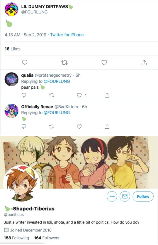 Woooble's tweet photo. The pedos rebranded themselves again to identify each other because MAP was too blatant. In short, look out for anyone with pears in their bio. Pass this on and stay safe out there. 
>P.E.A.R, aka “pro-expression, anti-repression" was a term coined by well known pedophile 4-lung. https://t.co/SWbKnVe0m2