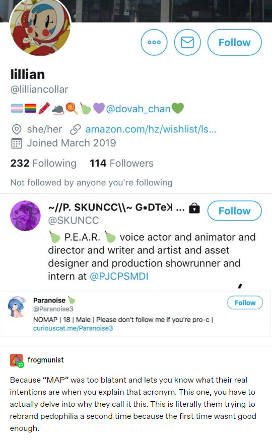 Woooble's tweet photo. The pedos rebranded themselves again to identify each other because MAP was too blatant. In short, look out for anyone with pears in their bio. Pass this on and stay safe out there. 
>P.E.A.R, aka “pro-expression, anti-repression" was a term coined by well known pedophile 4-lung. https://t.co/SWbKnVe0m2
