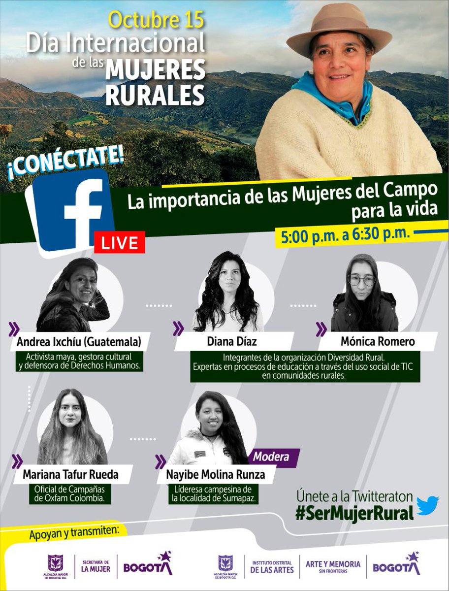 OxfamColombia's tweet photo. En el marco del Día Internacional de las Mujeres Rurales les invitamos a participar en el conversatorio "La importancia de las mujeres del campo para la vida" #SerMujerRural #MujerRuralEsPoder
📅 jueves 15 de octubre de 2020
⏰ 5:00 pm - 6:30 pm
💻 Facebook Live @secredistmujer https://t.co/GnbOOtUlXU