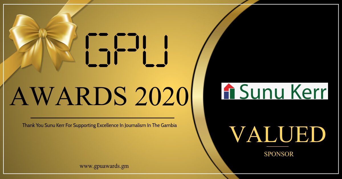GpuAwards's tweet photo. Thank you @sunukerr for supporting excellence in journalism in The Gambia. #gpuawards2020 #valuedsponsor #24thoctober2020 #gpu #gambia #journalism #press #sunukerr https://t.co/8m85llUVIr