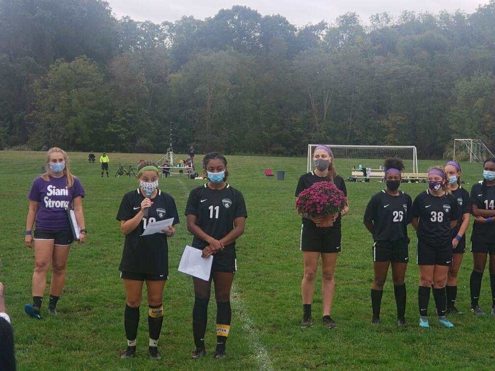 bthsathletics's tweet photo. @BTHSGirlsSoccer making their @SianiStrong presentation at halftime today. Thank you to the BT soccer program and community for their support. Thank you to @MHSQuakers contributor to the foundation as well. @BthsNest @BurlTwpSchools https://t.co/SZIIbzd6DC