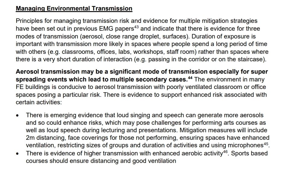21/ Government was told aerosol transmission is a major issue in poorly ventilated classrooms leading to super spreading events, this should apply to all schools, also lists certain activities which are associated with even higher risk and requires mitigation.