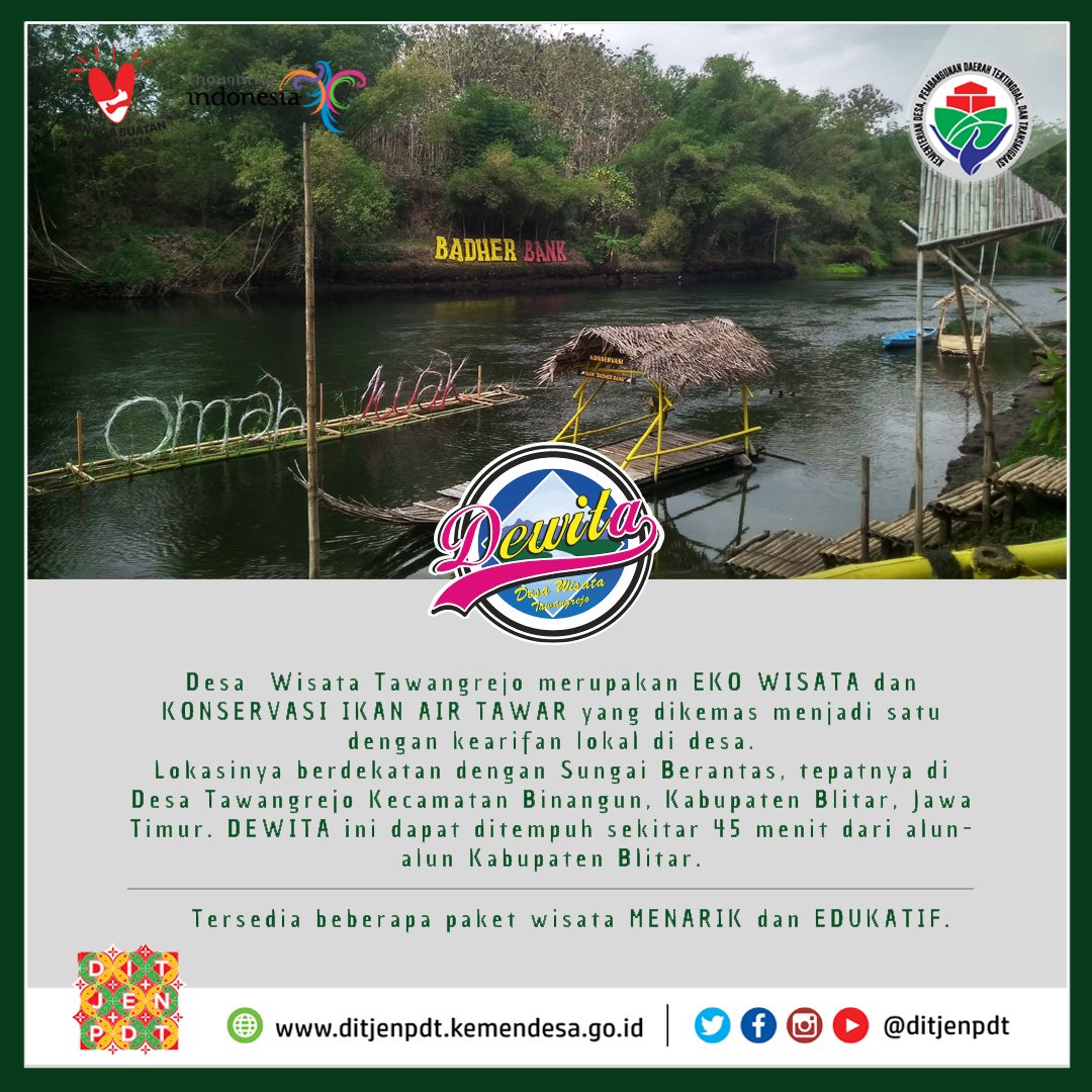 Ditjen_PPDT's tweet photo. Desa Wisata Tawangrejo, Kabupaten Blitar merupakan Eko Wisata dan Konservasi Ikan Air Tawar yang dikemas menjadi satu dengan kearifan lokal yang menawarkan berbagai paket wisata menarik dan edukatif bagi para pengunjung

Untuk informasi lebih lengkap silahkan hubungi 085777770277 https://t.co/VojFliVhzc