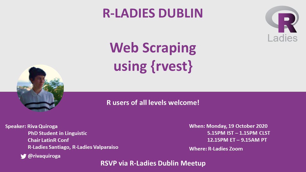 R-Ladies Dublin (@rladiesdublin) on Twitter photo Make room in your calendar for an international guest speaker: <a href="/rivaquiroga/">Riva Quiroga</a> from Chile will lead a practical session on web scraping with {rvest}
Join our next Meetup Monday, 19th October, at 5:15PM (GMT+1)
RSVP: meetup.com/rladies-dublin…
#rstats #RLadies #meetup Make room in your calendar for an international guest speaker: <a href="/rivaquiroga/">Riva Quiroga</a> from Chile will lead a practical session on web scraping with {rvest}
Join our next Meetup Monday, 19th October, at 5:15PM (GMT+1)
RSVP: meetup.com/rladies-dublin…
#rstats #RLadies #meetup