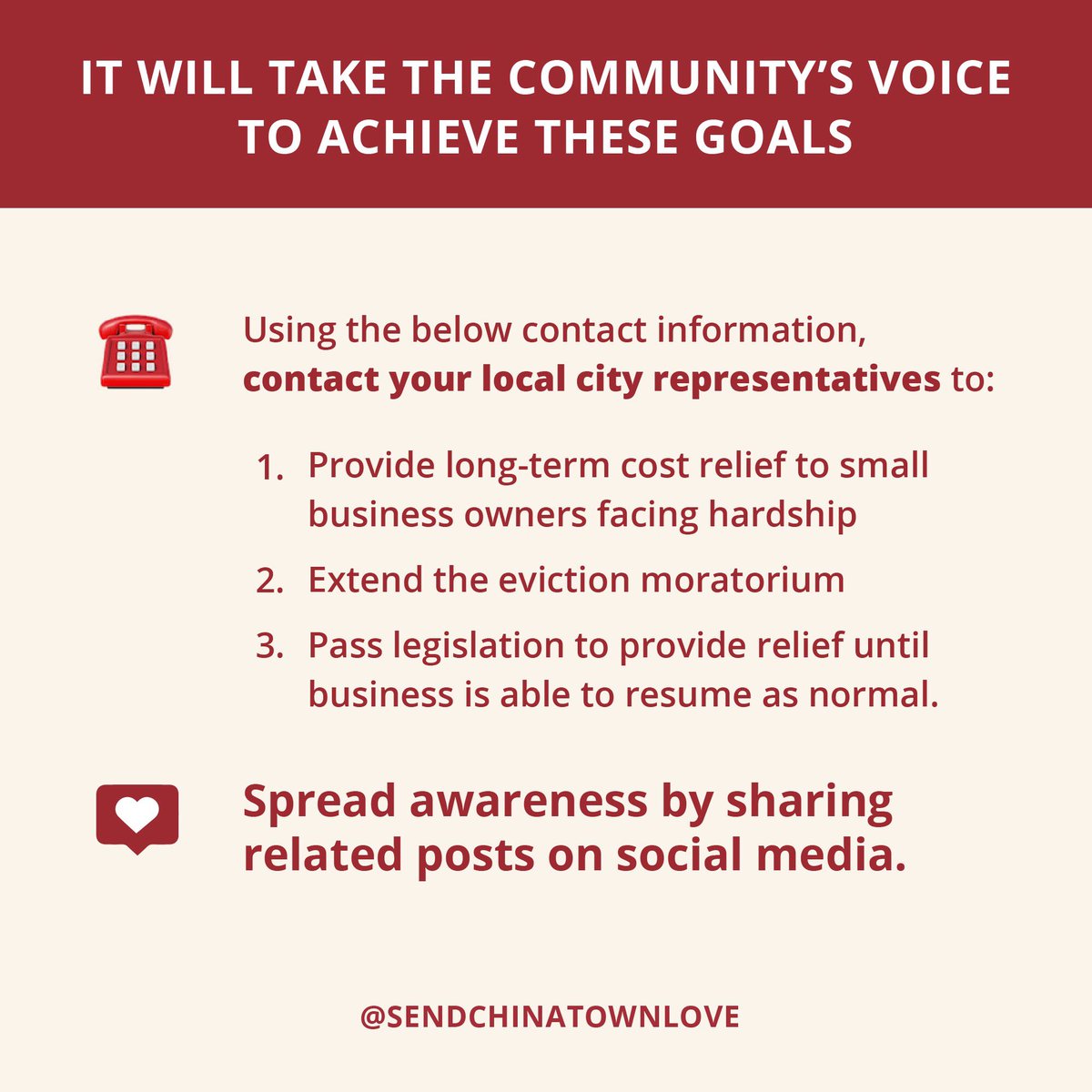 Chinatownlove's tweet photo. #sendinglove to Chinatown means supporting #OpenStreet initiatives, rent moratoriums and the #RestaurantAct.
We’ve put together these free to-do’s. It takes less than 1 minute to complete, but will make ALL the difference ❤️
Help our community be heard, and share this post! https://t.co/wOfmR1271S