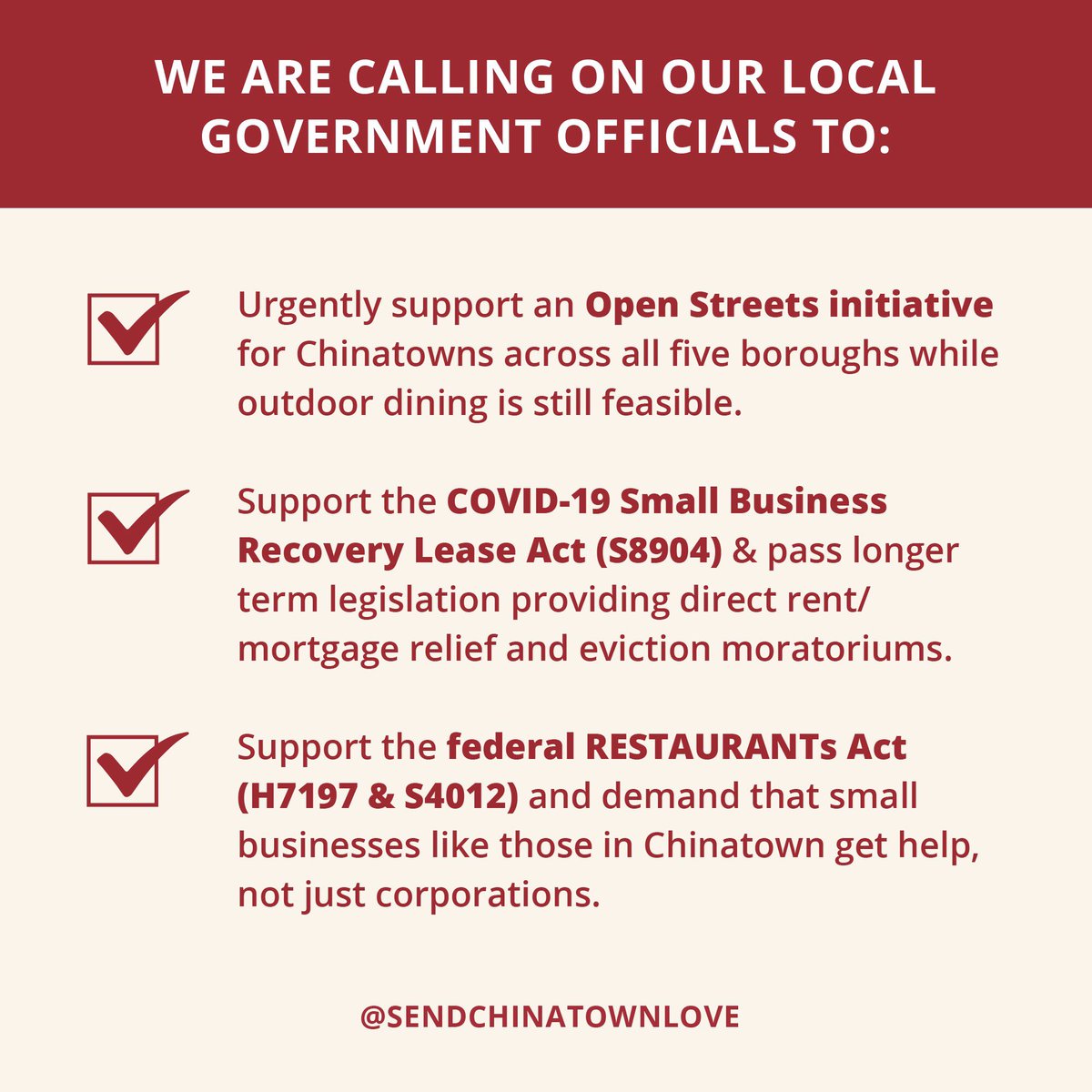 Chinatownlove's tweet photo. #sendinglove to Chinatown means supporting #OpenStreet initiatives, rent moratoriums and the #RestaurantAct.
We’ve put together these free to-do’s. It takes less than 1 minute to complete, but will make ALL the difference ❤️
Help our community be heard, and share this post! https://t.co/wOfmR1271S