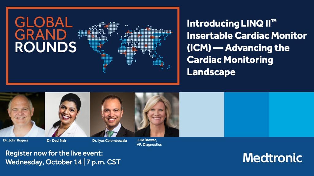 Register now for tomorrow’s event. We’re excited to welcome Drs. <a href="/jdrheart/">Dr. John Rogers</a>, <a href="/RhythmMD/">Ilyas Colombowala, MD, FACC, FHRS</a>, and <a href="/Drdevignair/">Dr. Devi G Nair</a> to #GlobalGrandRounds at 7 p.m. CT as they discuss #ICM technology enhancements in LINQ II™ and the impact to clinical practice. Register now. bit.ly/34TF9Gf