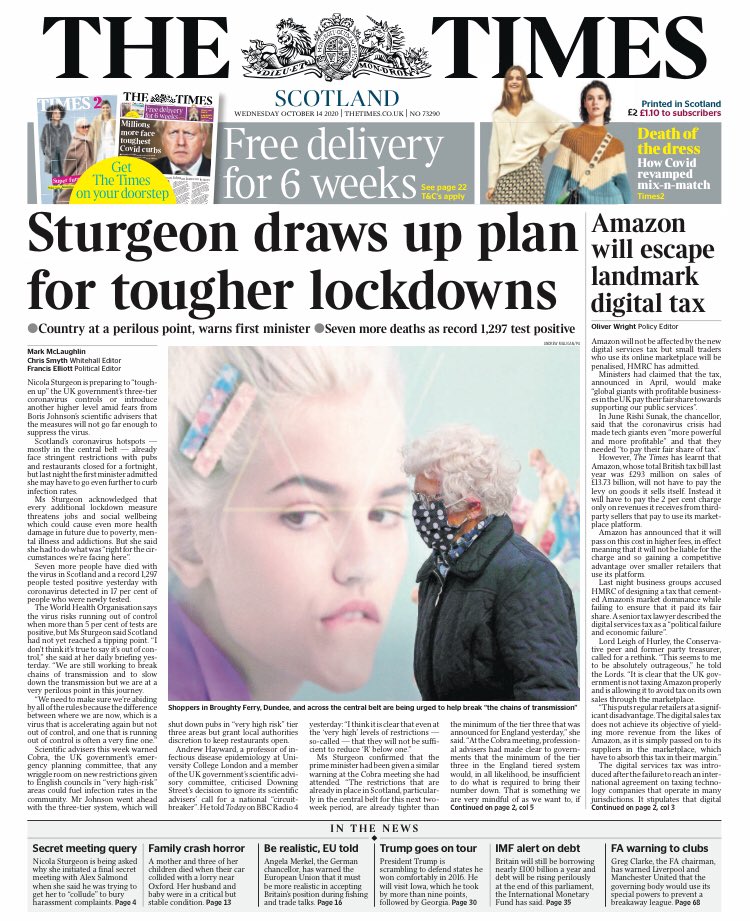MsHelicat's tweet photo. Wednesday’s TIMES SCOTLAND: Sturgeon draws up plan for tougher lockdowns #TomorrowsPapersToday https://t.co/ZmYFoZckeY
