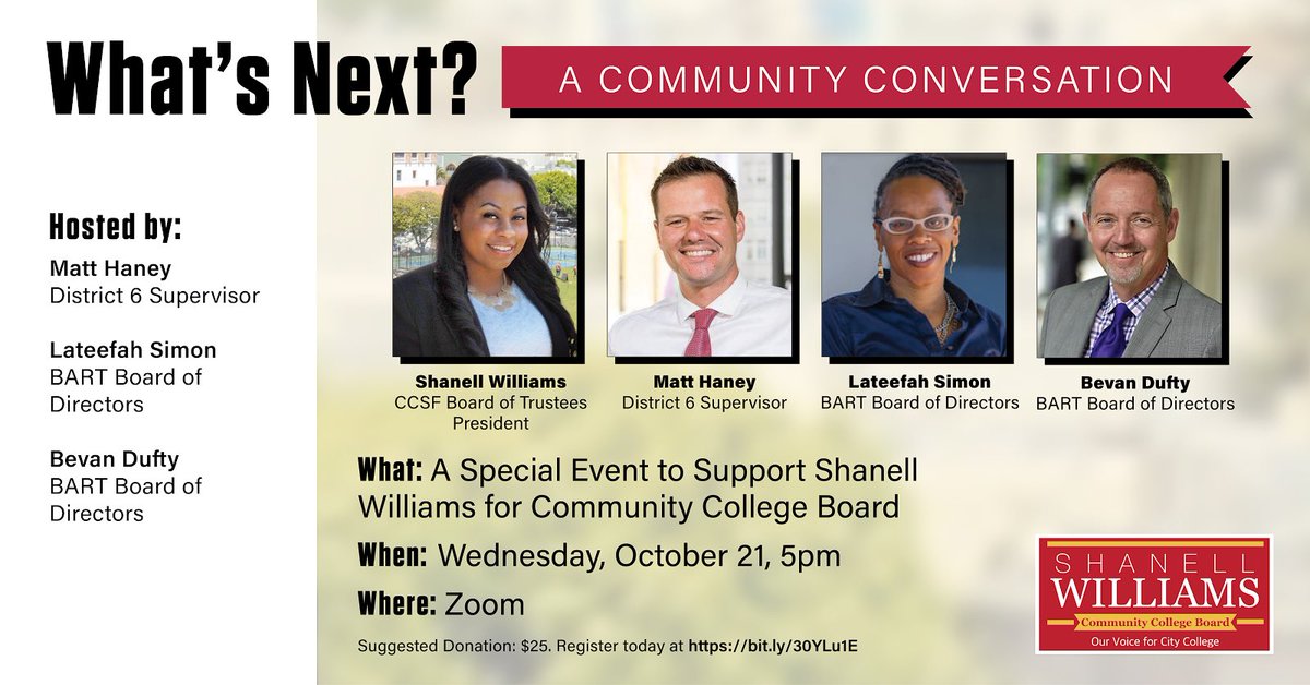 What's next for San Francisco and City College post-November 3rd? Join me for a Zoom conversation with <a href="/MattHaneySF/">Matt Haney</a>, <a href="/lateefahsimon/">Lateefah Simon</a> and @BevanDufty on October 21! Register today at bit.ly/30YLu1E