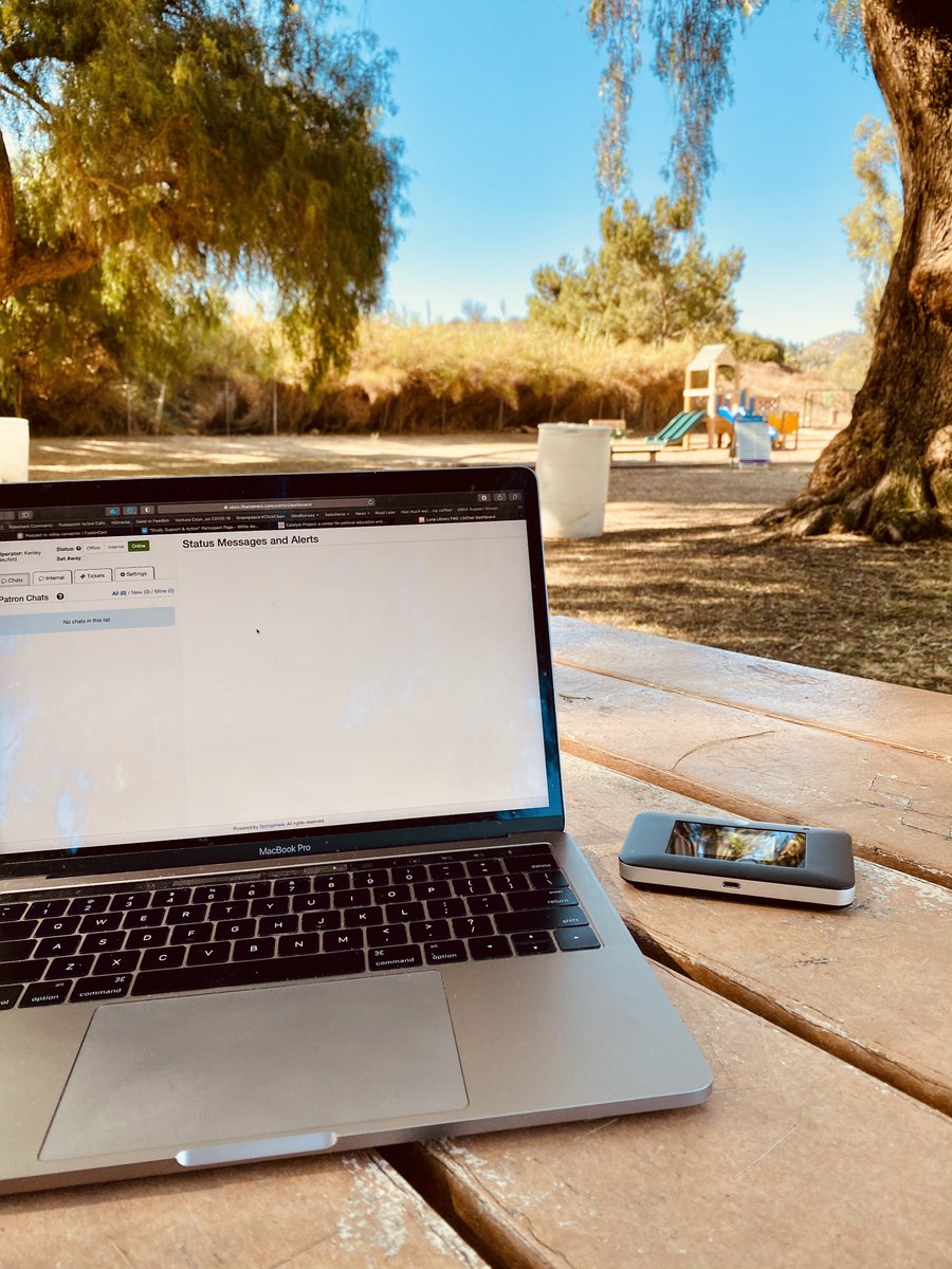 LuriaLibrary's tweet image. Standing by and ready to serve students from a local park. Using the college-provided hotspot. 

#lurialibrary #SantaBarbaraCityCollege #library