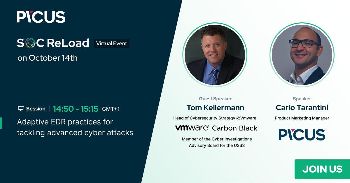 carbonb1ack's tweet image. Don’t miss @TAKellermann tomorrow as he talks with Carlo Tarantini of @PicusSecurity about the evolution of hackers and what #SOCteams can do to better protect their digital assets at #SOCReLoad: bit.ly/2GYkIjf