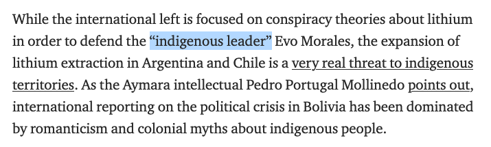 Here's a link to the turd of an article.Why is this toad of a dude putting scare quotes around this description of Evo Morales?What the hell?>Anthropologist, doctoral candidate at UCSD. https://medium.com/@devin.beaulieu/the-invention-of-the-bolivian-lithium-conspiracy-theory-or-the-world-upside-down-17e5604f5a31