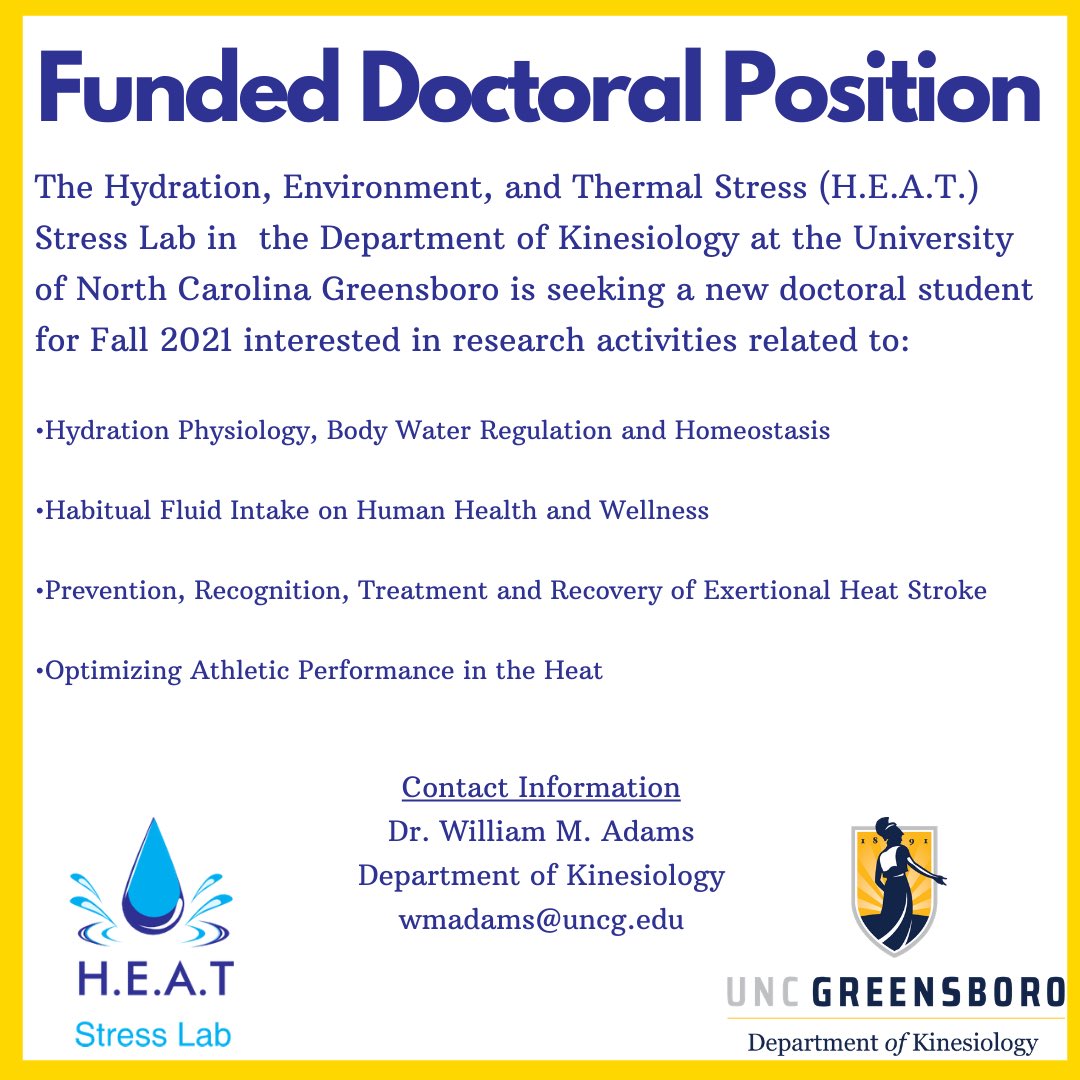 william_m_adams's tweet photo. I’m looking to recruit a new doctoral student interested in hydration and/or thermal physiology on human health and performance to join @HEATStressLab at @UNCGKin @UNCG for a Fall 2021 start. 💧☀️🚴🚴‍♀️🚰🌡💉. Please retweet and share with anyone interested. https://t.co/5U6zrbJmtj