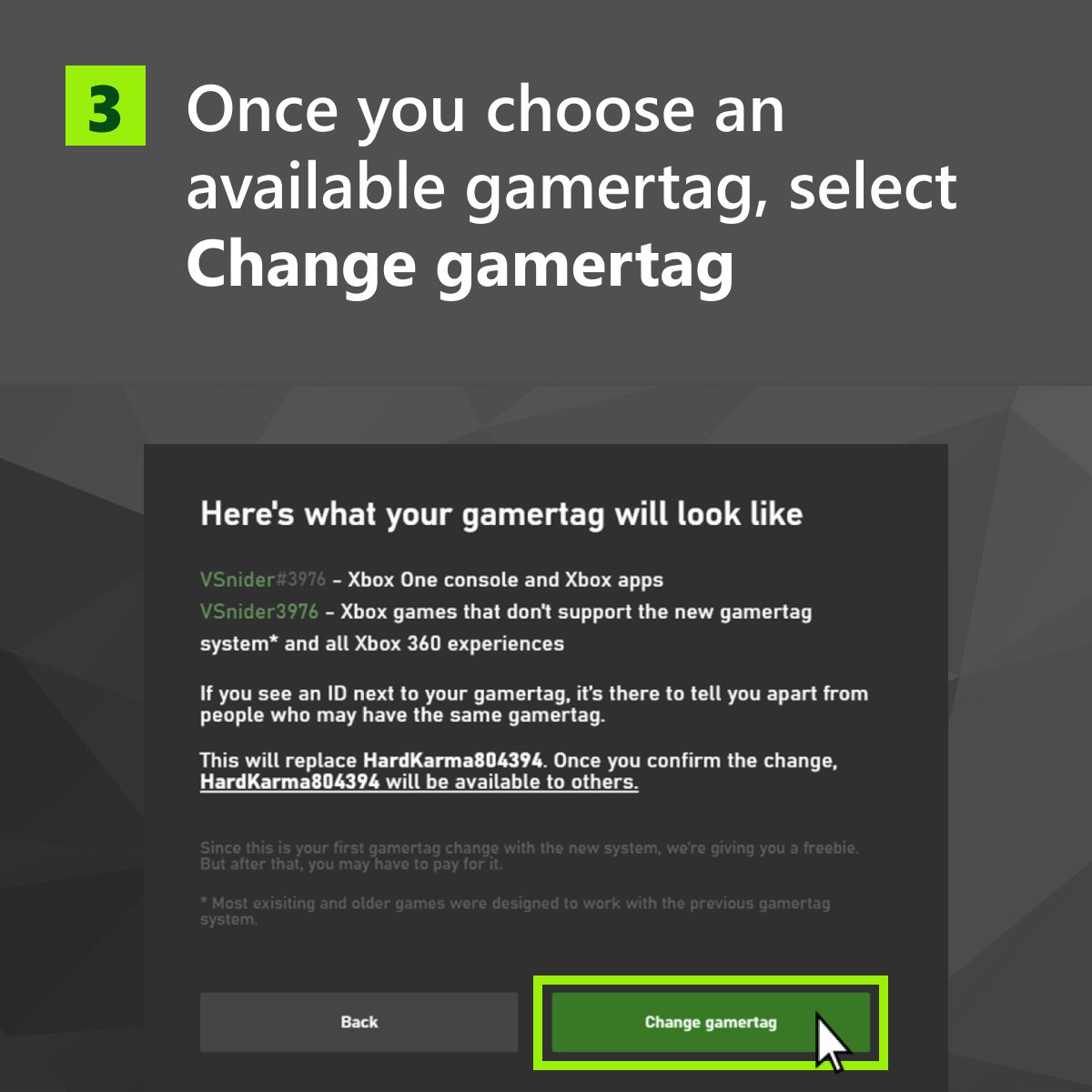 3. Once you choose an available gamertag, select Change gamertag
Screenshot of what your gamertag will look like on different Xbox platforms and finalizing by selecting "Change gamertag"
