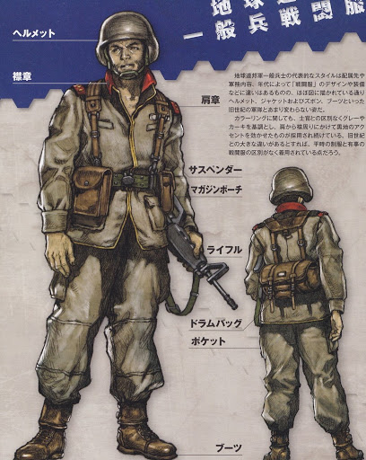 There appear to be three variations of load bearing webbing The first has simple, rectangular over the shoulder straps and appears in MS Igloo and its derived depictions, including some toys, though these sport a different helmet.