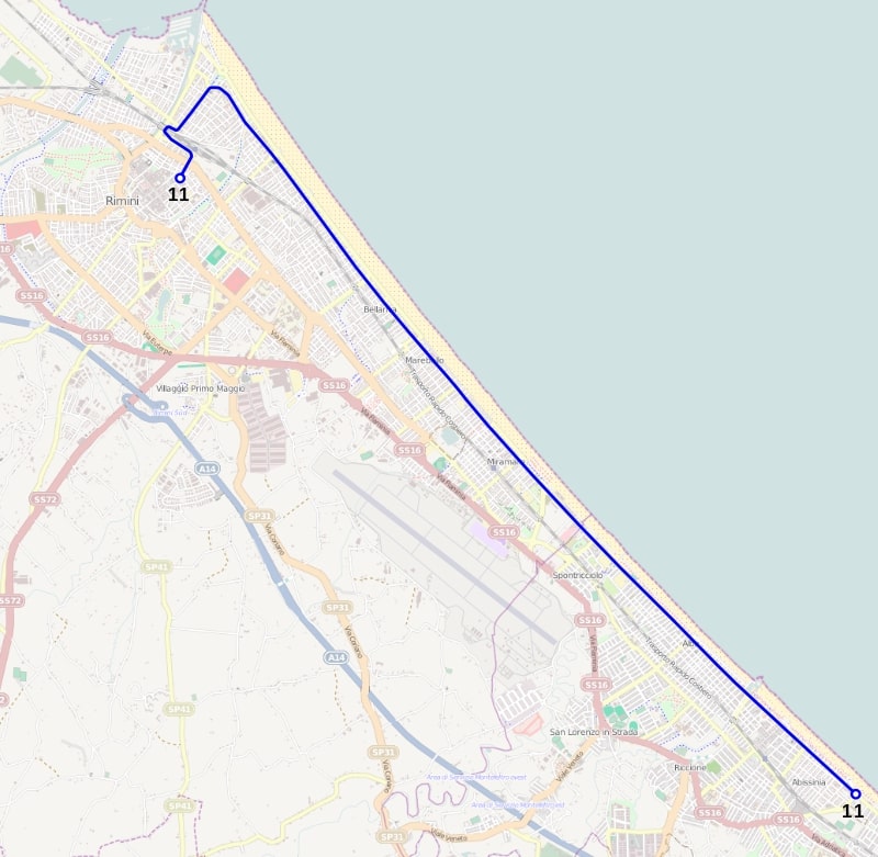 3/ The city already has a 12.2 km mixed traffic trolleybus line, opened in 1939 and connecting Rimini railway station to Riccione, along a boulevard lined with hotels and resorts, very close to the beach. But commercial speed is low and inner areas are poorly served.