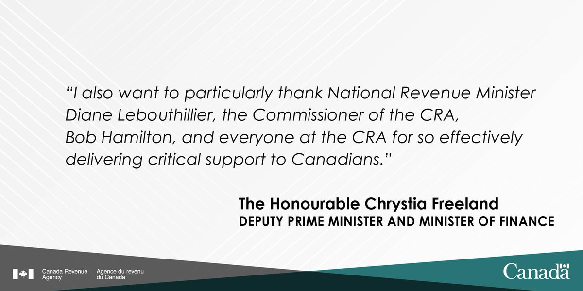 Thank you to Deputy Prime Minister <a href="/cafreeland/">Chrystia Freeland</a> for recognizing <a href="/CanRevAgency/">Canada Revenue Agency</a> employees during a news conference! They are working tirelessly to help Canadians during these hard times and their work does not go unnoticed!