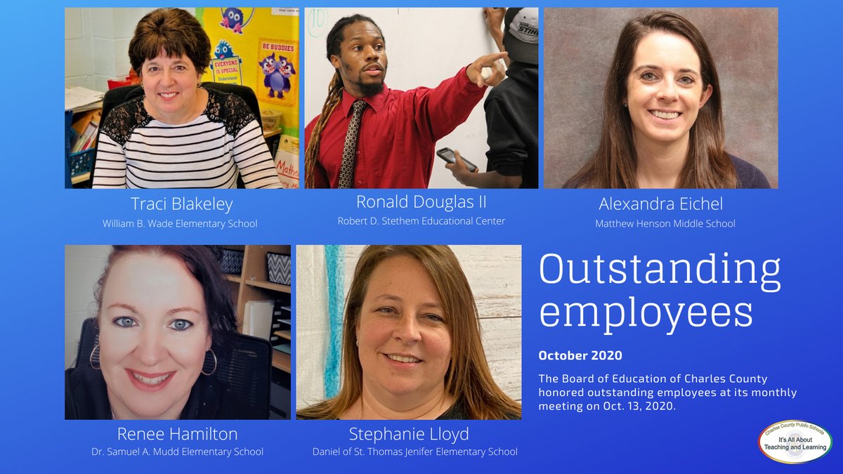 Outstanding CCPS employees of <a href="/MatthewHensonMS/">Matthew Henson MS</a>, <a href="/JeniferSchool/">Jenifer Elementary</a>, <a href="/DrMuddES/">Dr. Samuel A.Mudd ES</a>, <a href="/StethemCenter/">Robert D. Stethem Ed</a> &amp; <a href="/WadeWildcats/">Wade Elementary</a>  were honored today by the Board of Education. 

Read more at tinyurl.com/yytt3jl2
