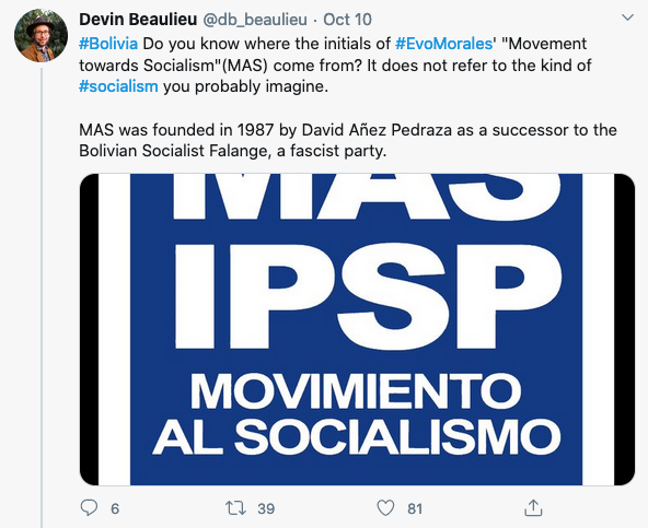 Dude is really out there alleging Evo is not just not-left, not just right, but that MAS is a *fascist party* The rat-like disclaimer at the end just makes the intent all the more obvious. https://twitter.com/db_beaulieu/status/1314932731705462789