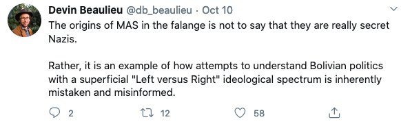 Dude is really out there alleging Evo is not just not-left, not just right, but that MAS is a *fascist party* The rat-like disclaimer at the end just makes the intent all the more obvious. https://twitter.com/db_beaulieu/status/1314932731705462789