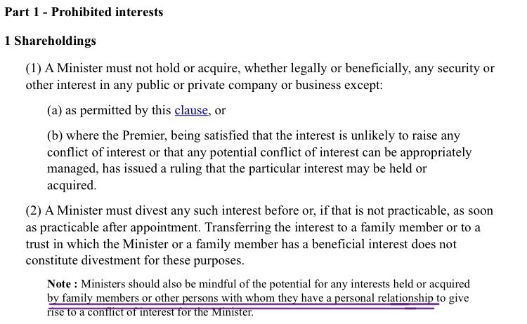 and 4/ her narrow definition to evade responsibility may be interpreted away. Elsewhere in the Code we see “family members or other persons with whom [ministers] have a personal relationship” (noting that shareholdings are not the alleged potential breach here).