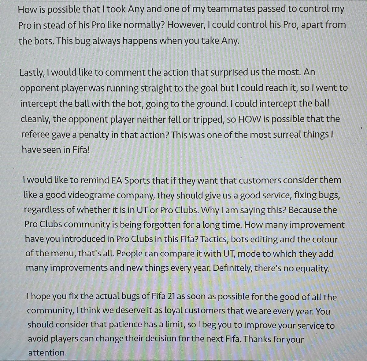 Nuestro mánager (<a href="/MalagaPCRL/">MALAGUISTA13 🇪🇦</a>) acaba de realizar una queja a @EASPORTSFIFA tras los diversos bugs y errores considerables que hemos presenciado a lo largo de estos días en Fifa 21.
Deseamos que dichos bugs sean resueltos cuanto antes por el bien de toda la comunidad! 🙏