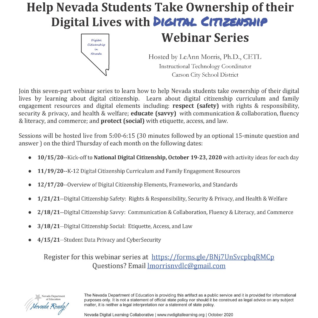 NvstateED's tweet image. Join us for a new Webinar Series: Digital Citizenship! This is a 7 part series for educators to guide student learning through the digital learning world. Register: forms.gle/BNj7UnSvcpbqRM…