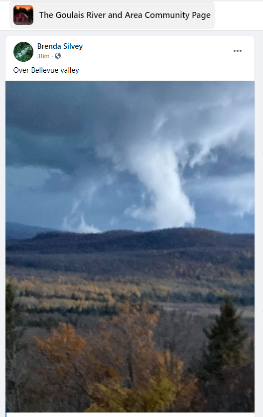 JustinMWeather's tweet photo. Reports of a waterspout and possible tornado with some tree damage reported near Goulais River and Bellevue Valley in a local Facebook group from a line of thunderstorms that passed through about an hour ago. #onntp #onstorm https://t.co/FClHt6pquq